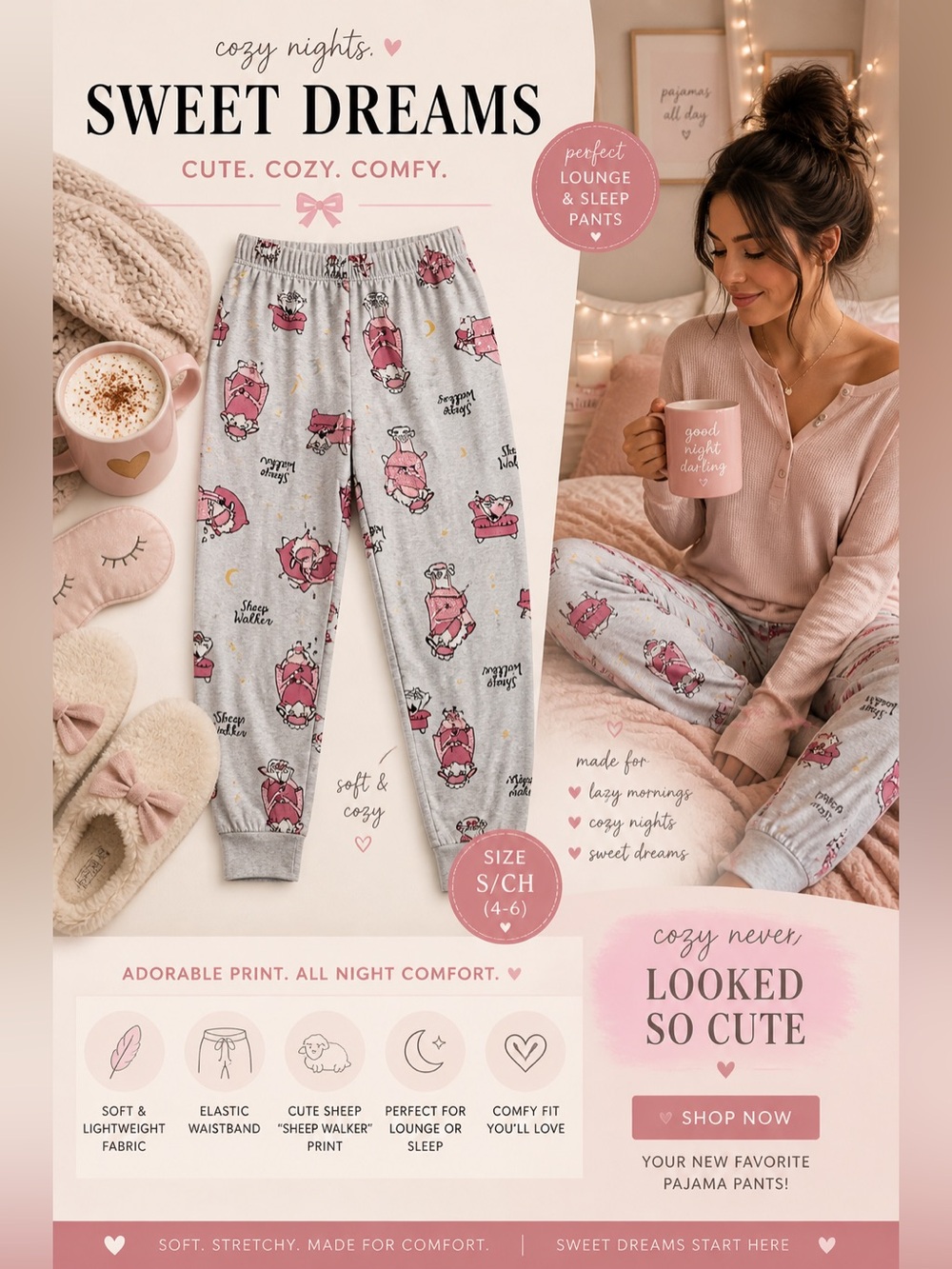 Secret Treasures Sleepwear Sheep Walker Pajama Pants Cozy Lounge S/CH 4-6